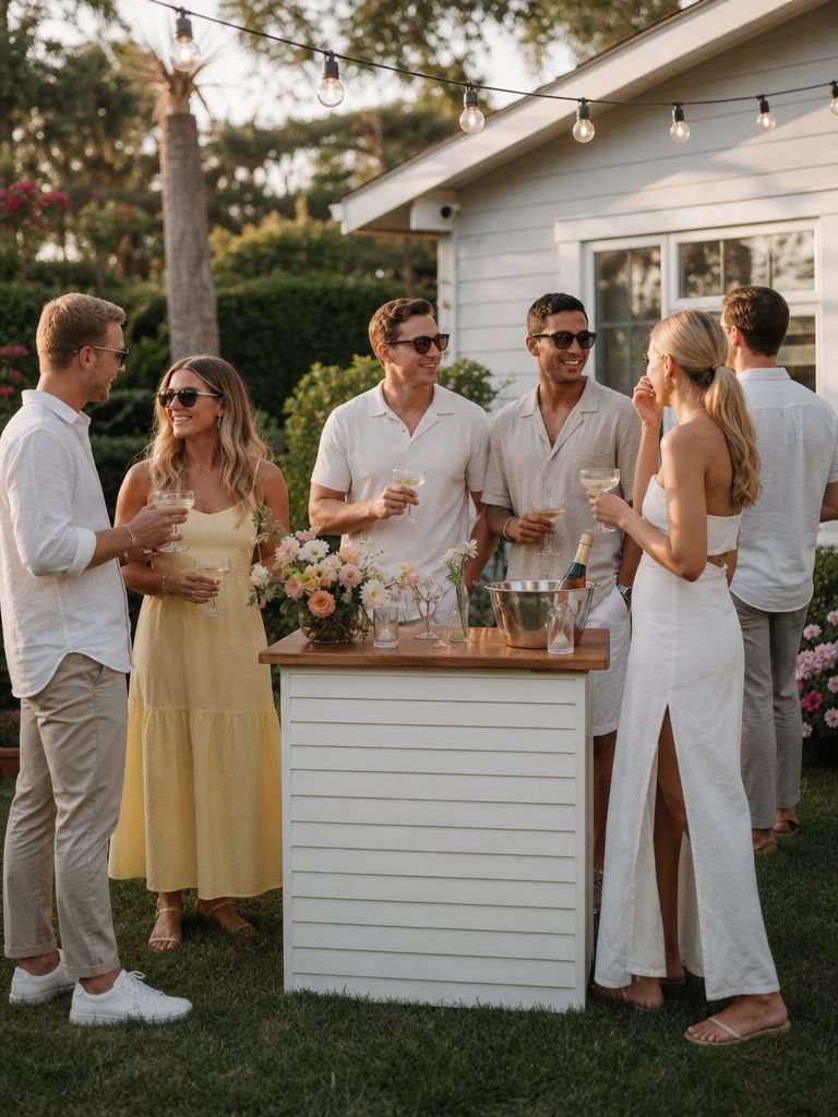 Guests hanging out with drinks around a With A Twist mobile bar at a backyard party