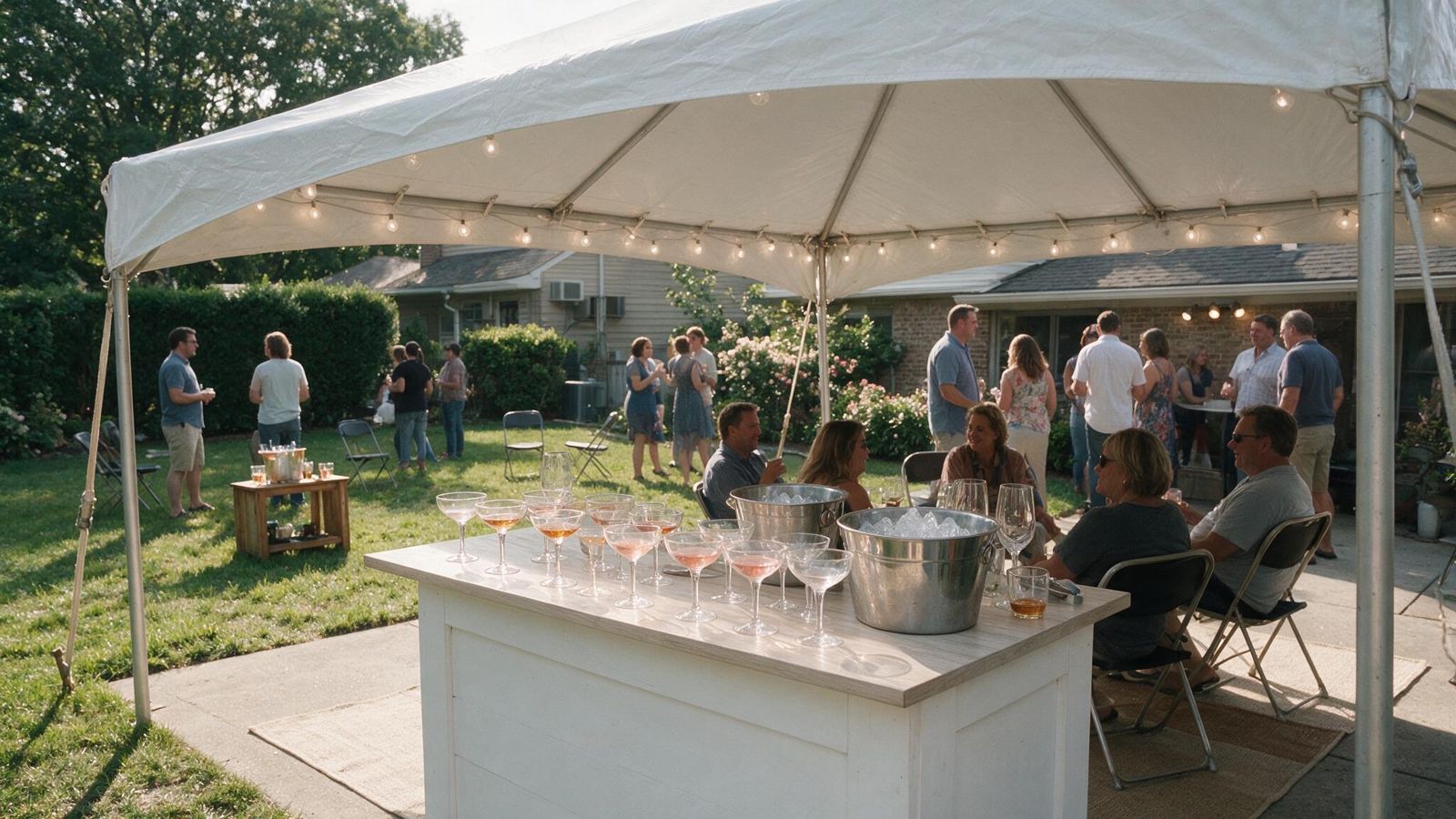 Tented backyard reception with a wooden mobile bar in Wall Township NJ