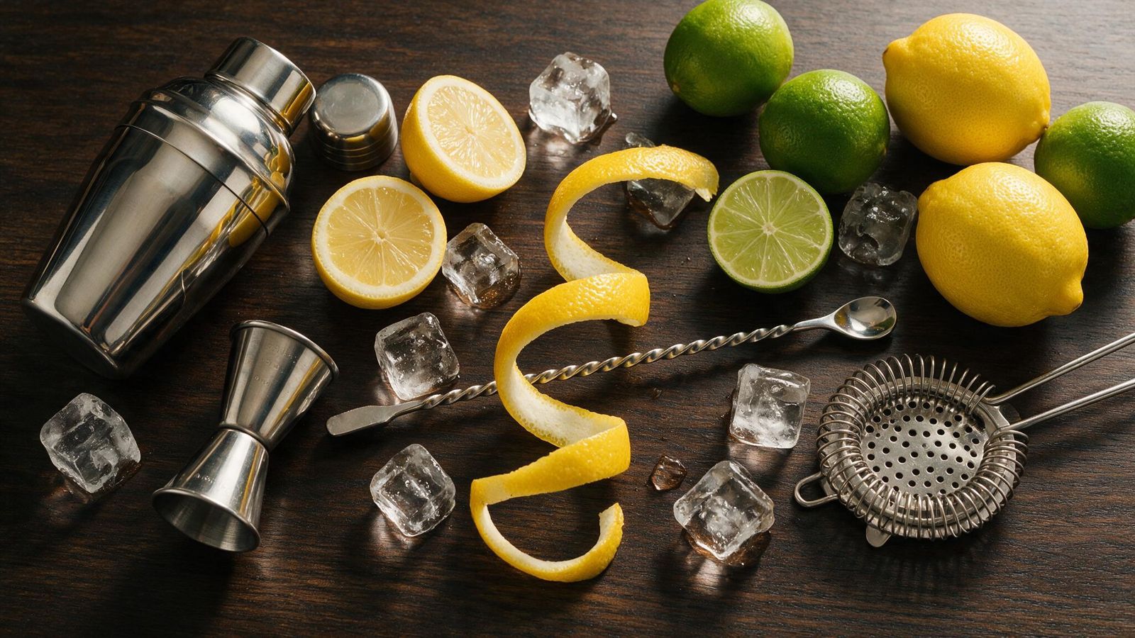 Bartending tools and citrus laid out on dark wood