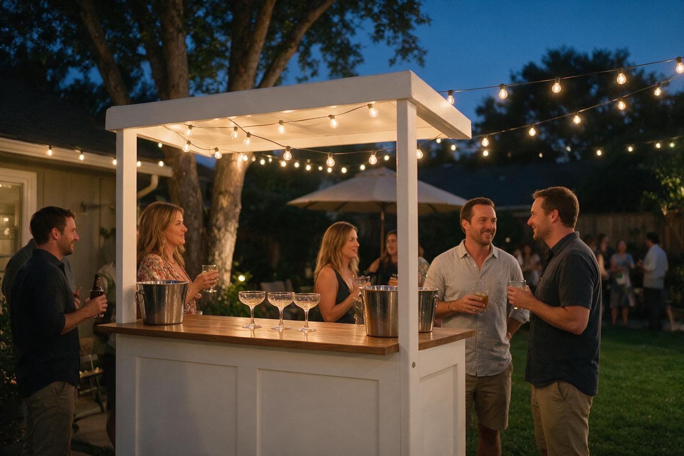 White portable bar under string lights at an evening backyard party