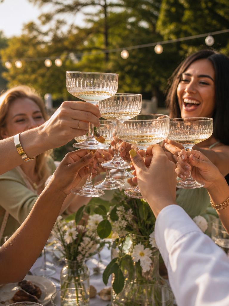 Friends toasting with sparkling wine at an outdoor celebration
