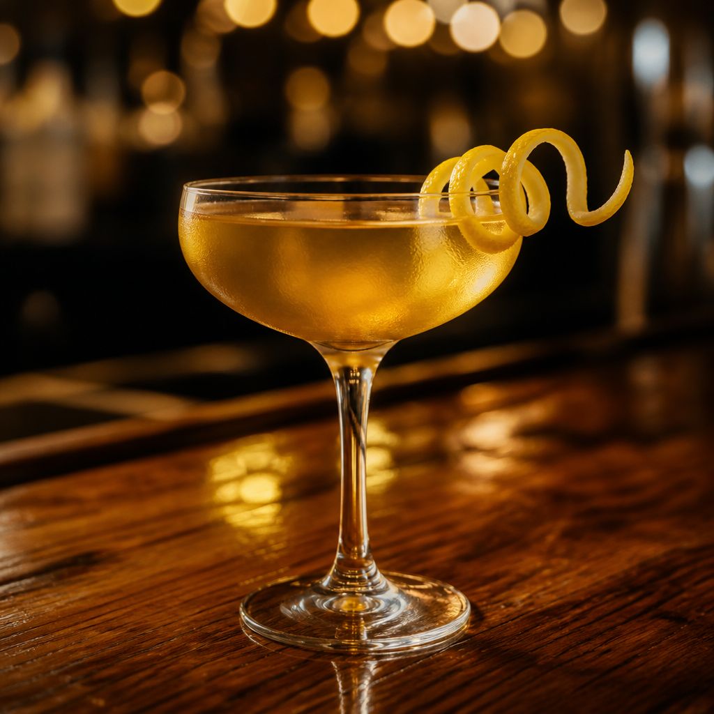 Golden cocktail in a coupe glass garnished with a lemon twist