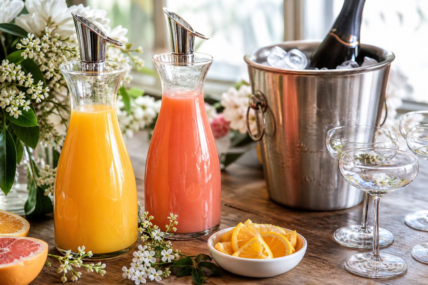 Mimosa station with fresh juice carafes and chilled prosecco on a wood bar top
