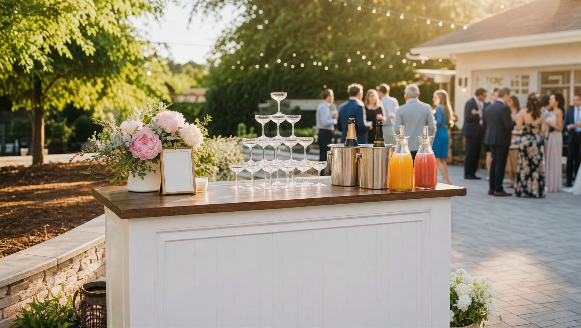 With A Twist mobile bar styled with florals and a glass tower at a golden-hour backyard party in New Jersey