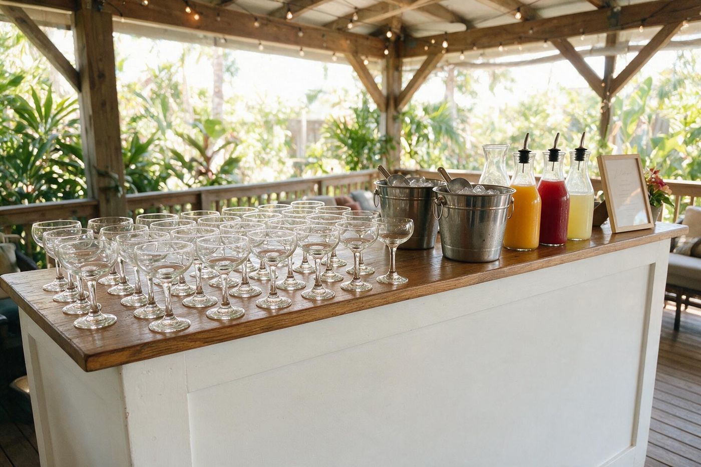Portable bar station with coupe glasses and ice buckets set up before guests arrive