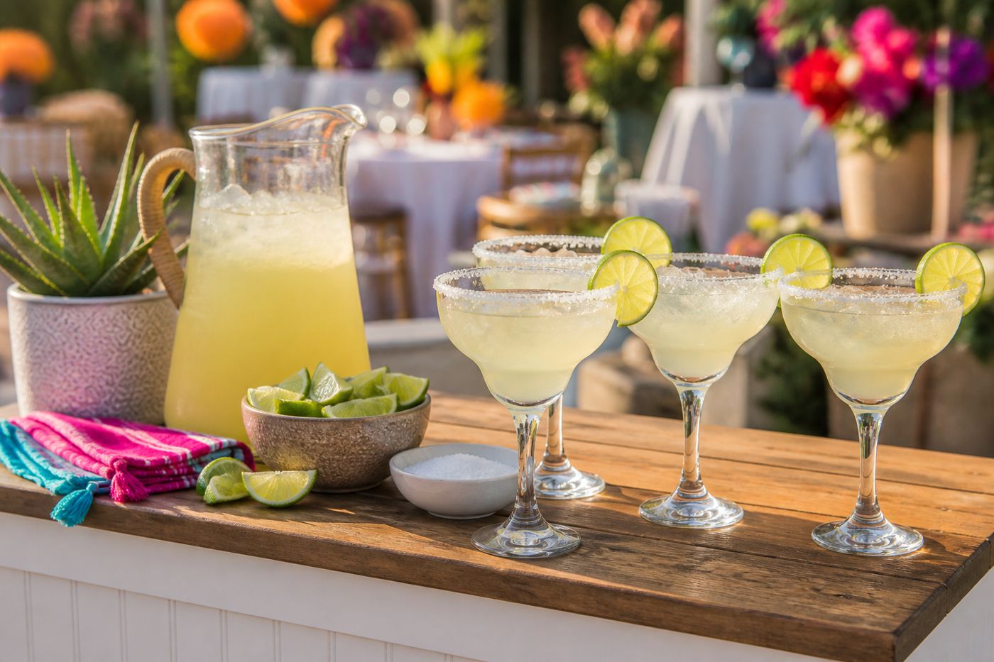 Margarita station with salted-rim glasses, fresh limes, and a pitcher of margaritas
