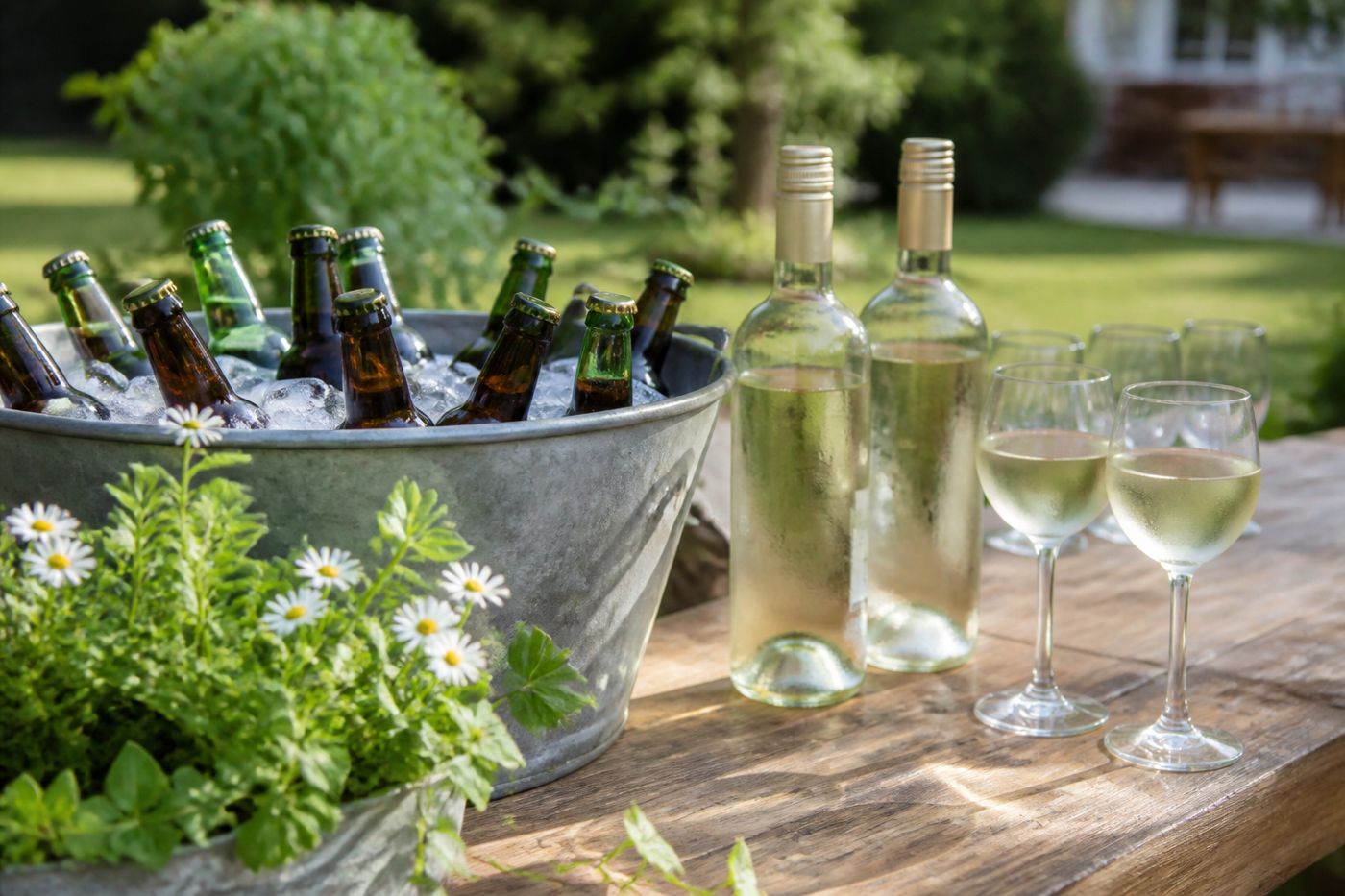 Galvanized tub of iced beers beside chilled white wine at an outdoor event